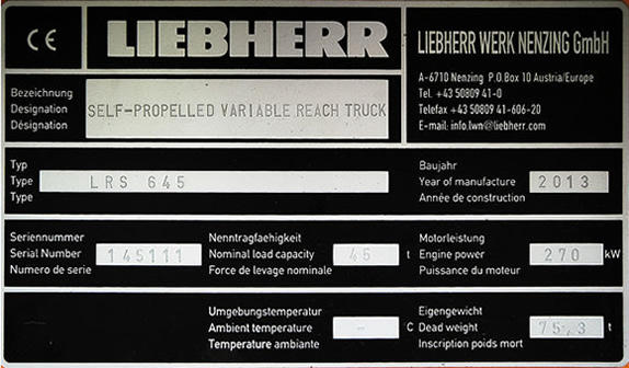 Výrobní štítek Liebherr LRS 645